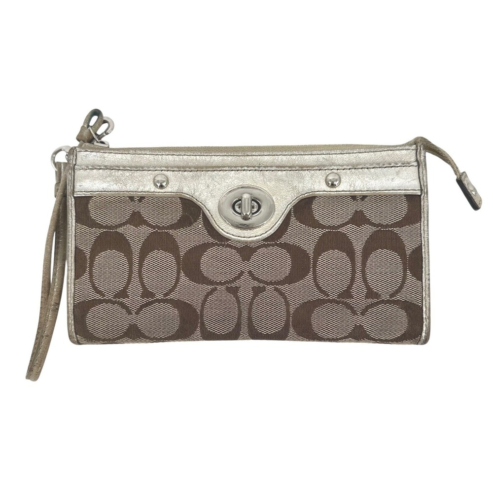 Coach Penelope Zip Wristlet Wallet Turn-Lock Gold Brown Signature Gold Liner Y2K